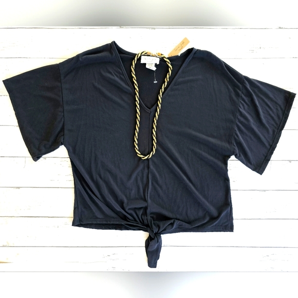 Lavender Field Bell Sleeve Tie Front Vneck Top Shirt W/ Gold & Black Necklace - Picture 3 of 13